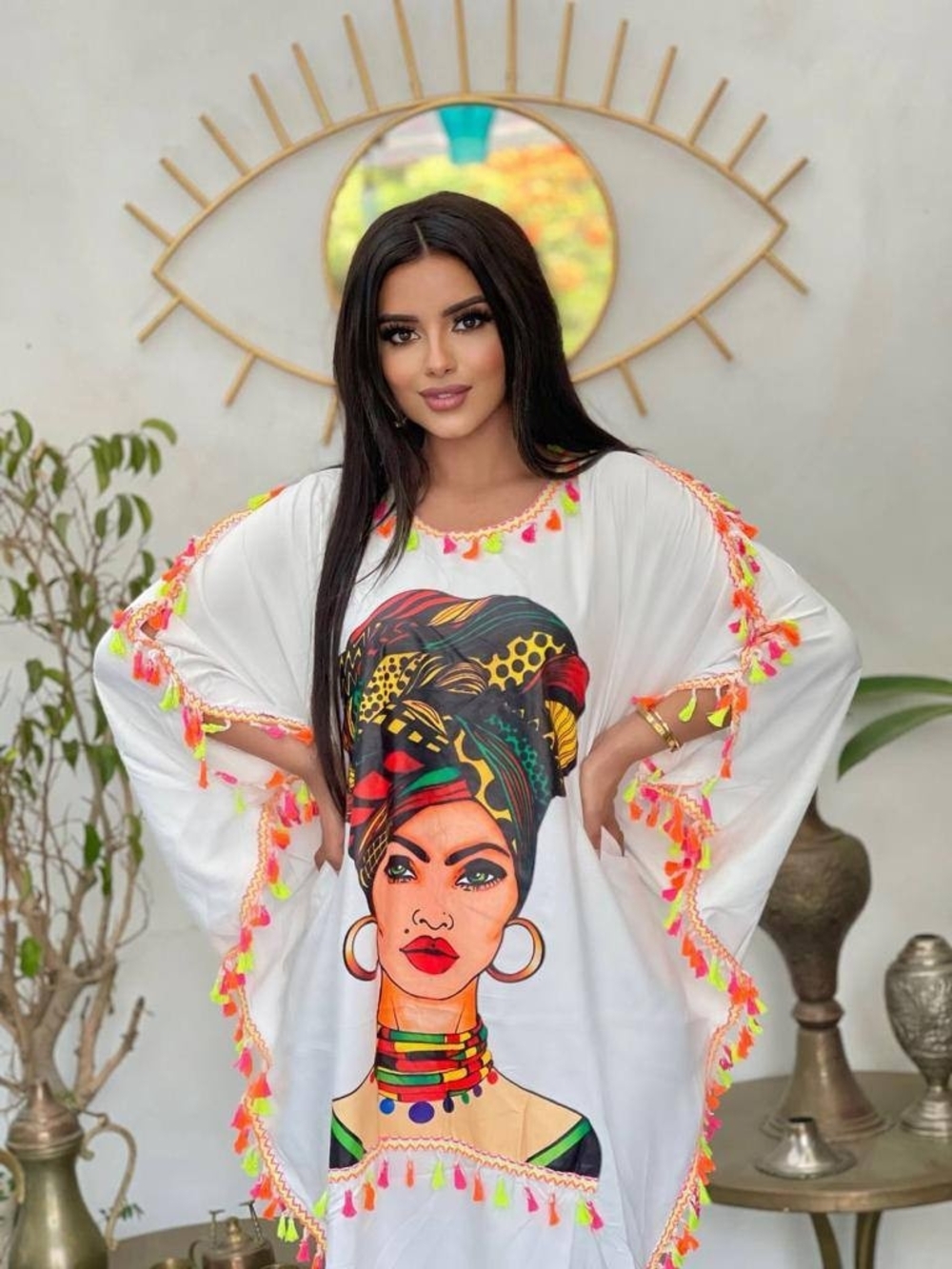 White Graphic Tassel Kaftan Tunic with Colorful Portrait